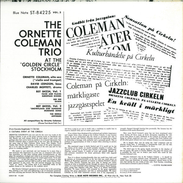 The Ornette Coleman Trio - At The "Golden Circle" Stockholm - Volume Two (Vinyl, LP, Album, Reissue) Very Good Plus (VG+) / Very Good (VG)