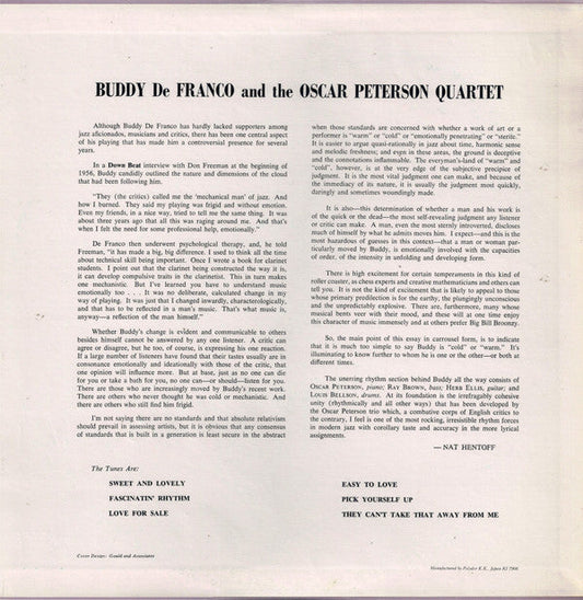Buddy DeFranco - Buddy De Franco And The Oscar Peterson Quartet (Vinyl, LP, Album, Reissue, Mono) Very Good (VG) / Good Plus (G+)