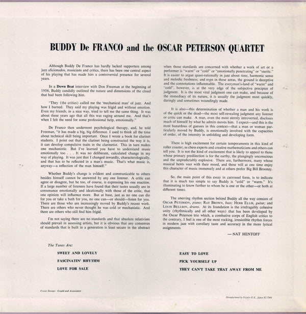 Buddy DeFranco - Buddy De Franco And The Oscar Peterson Quartet (Vinyl, LP, Album, Reissue, Mono) Very Good Plus (VG+) / Very Good Plus (VG+)