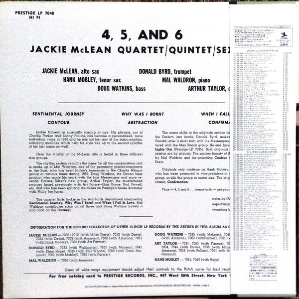 Jackie McLean - 4, 5 And 6 (Vinyl, LP, Album, Mono, Reissue) Very Good Plus (VG+) / Very Good Plus (VG+)