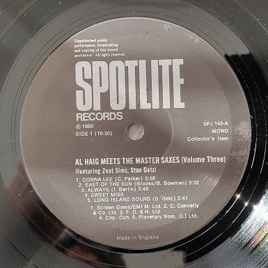 Al Haig - Meets The Master Saxes Volume Three (Vinyl, LP, Compilation) Very Good Plus (VG+) / Very Good (VG)
