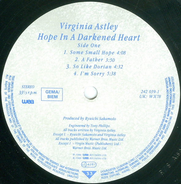 Virginia Astley - Hope In A Darkened Heart (Vinyl, LP, Album, Stereo) Very Good Plus (VG+) / Near Mint (NM or M-)