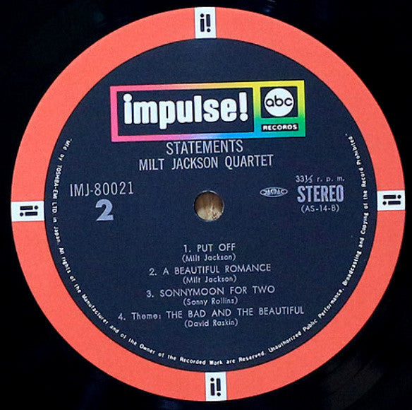 The Milt Jackson Quartet - Statements (Vinyl, LP, Album, Reissue, Stereo) Very Good (VG) / Very Good Plus (VG+)