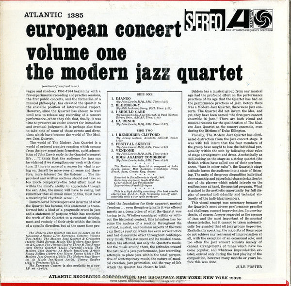 The Modern Jazz Quartet - European Concert : Volume One (Vinyl, LP, Album, Stereo) Good Plus (G+) / Good Plus (G+)