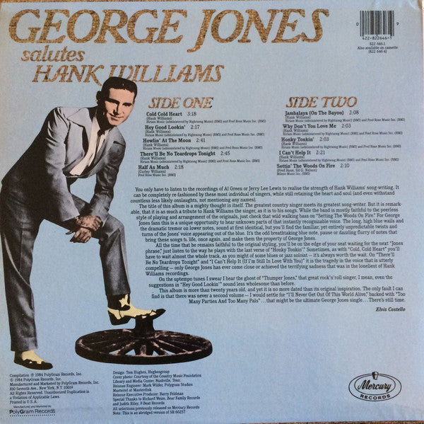 George Jones (2) - George Jones Salutes Hank Williams (Vinyl, LP, Album, Reissue, Stereo) Very Good (VG) / Very Good Plus (VG+)