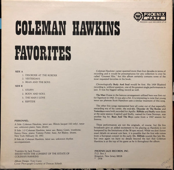 Coleman Hawkins - Favorites (Vinyl, LP, Album, Mono) Good Plus (G+) / Very Good (VG)