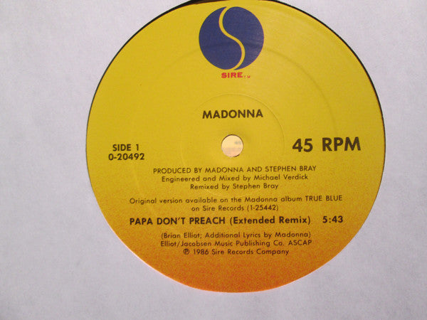 Madonna - Papa Don't Preach (Vinyl, 12", 45 RPM, Maxi-Single) Near Mint (NM or M-) / Very Good Plus (VG+)