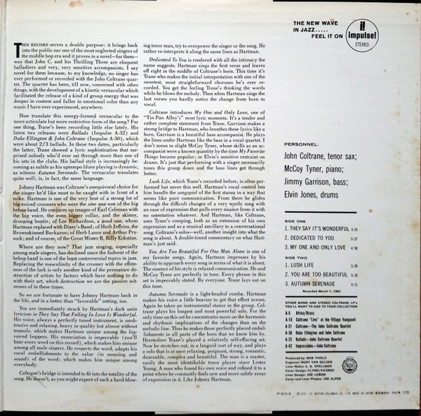 John Coltrane - John Coltrane And Johnny Hartman (Vinyl, LP, Album, Reissue, Stereo) Very Good (VG) / Very Good Plus (VG+)