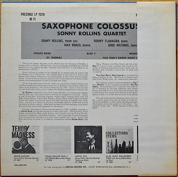 Sonny Rollins - Saxophone Colossus (Vinyl, LP, Album, Reissue, Mono) Very Good Plus (VG+) / Very Good (VG)