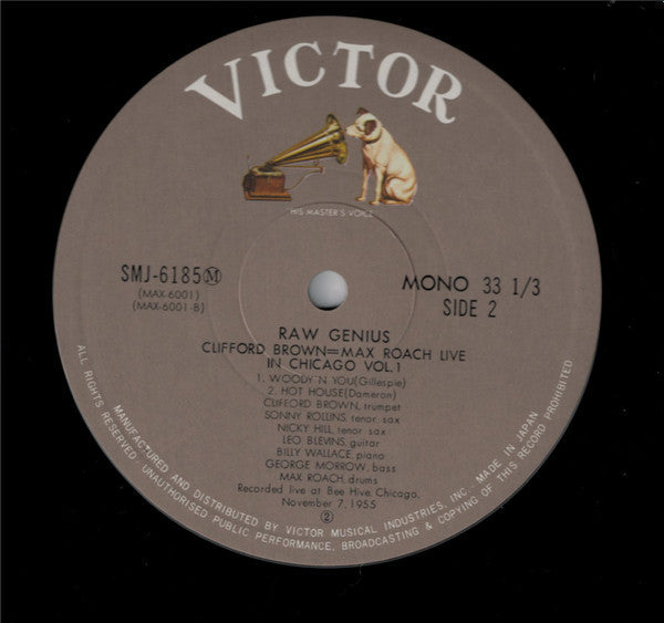 Clifford Brown and Max Roach - Raw Genius - Live At Bee Hive Chicago 1955 Vol 1 (Vinyl, LP, Album, Mono) Very Good Plus (VG+) / Very Good Plus (VG+)