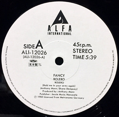 Fancy - Bolero (Hold Me In Your Arms Again) (Vinyl, 12", 45 RPM, Promo) Near Mint (NM or M-) / Very Good Plus (VG+)