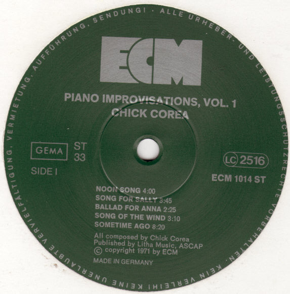 Chick Corea - Piano Improvisations Vol. 1 (Vinyl, LP, Album, Reissue) Near Mint (NM or M-) / Good Plus (G+)