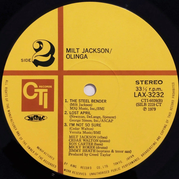 Milt Jackson - Olinga (Vinyl, LP, Album, Limited Edition, Reissue, Stereo) Very Good Plus (VG+) / Very Good Plus (VG+)