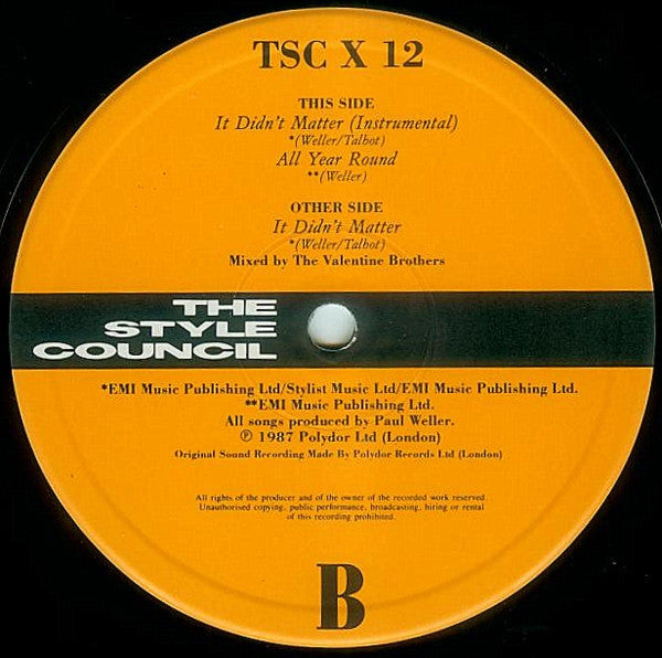 The Style Council - It Didn't Matter (Vinyl, 12", 45 RPM, Single) Near Mint (NM or M-) / Very Good Plus (VG+)
