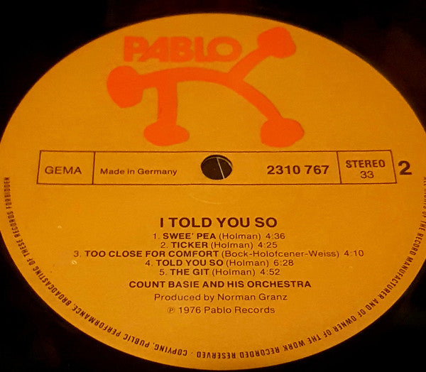 Count Basie Orchestra - I Told You So (Vinyl, LP) Very Good Plus (VG+) / Very Good (VG)