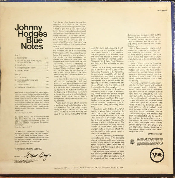 Johnny Hodges - Blue Notes (Vinyl, LP, Album, Mono) Very Good (VG) / Very Good (VG)