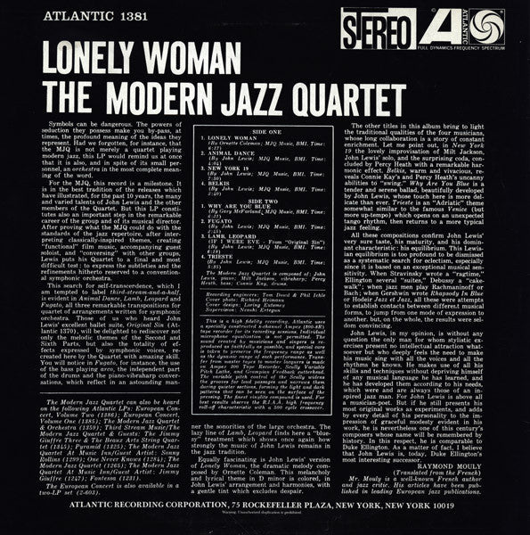 The Modern Jazz Quartet - Lonely Woman (Vinyl, LP, Album, Reissue, Stereo) Very Good Plus (VG+) / Very Good Plus (VG+)