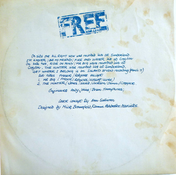 Free - Free Live (Vinyl, LP, Album) Very Good (VG) / Poor (P)