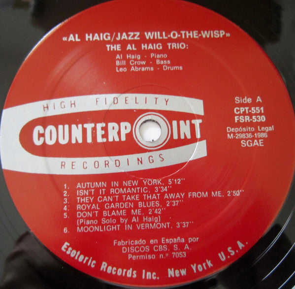 Al Haig - Jazz Will-O-The-Wisp (Vinyl, LP, Album, Reissue) Very Good Plus (VG+) / Very Good Plus (VG+)
