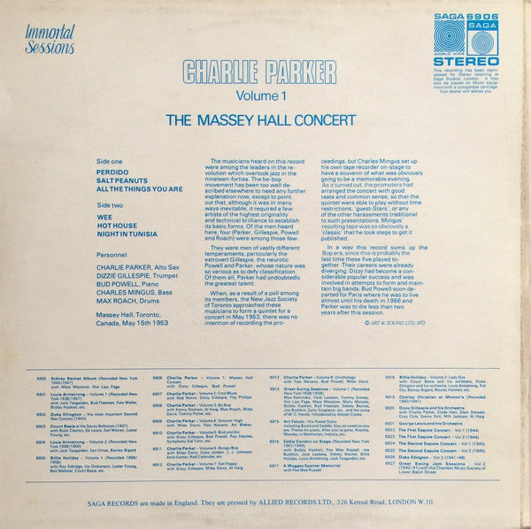 Charlie Parker - Volume 1 The Massey Hall Concert (Vinyl, LP, Album, Reissue, Stereo) Very Good Plus (VG+) / Very Good Plus (VG+)