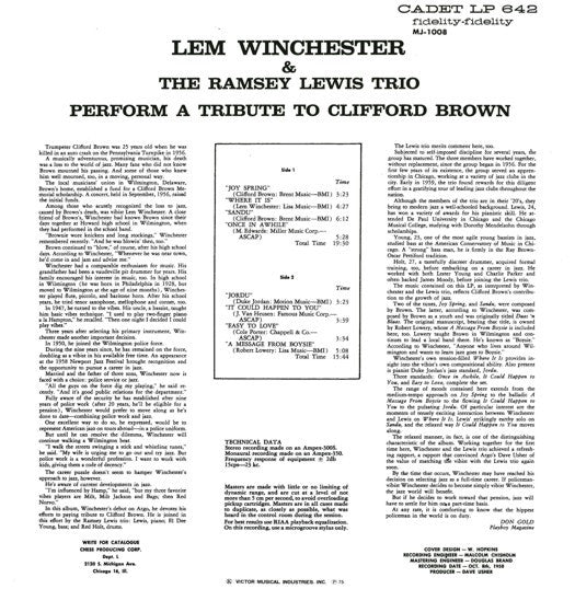 Lem Winchester - Perform A Tribute To Clifford Brown (Vinyl, LP, Album, Reissue) Very Good Plus (VG+) / Very Good Plus (VG+)