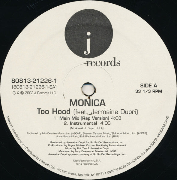 Monica - Too Hood (Vinyl, 12") Very Good Plus (VG+) / Very Good Plus (VG+)