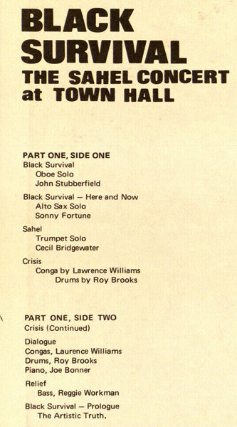 Roy Brooks And The Artistic Truth - Black Survival - "The Sahel Concert" At Town Hall (Vinyl, LP, Album) Very Good Plus (VG+) / Very Good Plus (VG+)