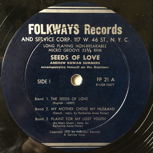 Andrew Rowan Summers - Seeds Of Love (Vinyl, LP, 10") Good Plus (G+) / Good Plus (G+)