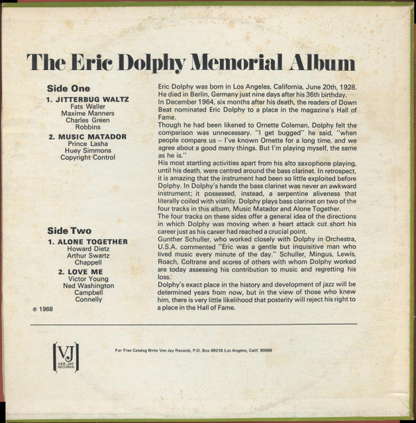 Eric Dolphy - The Eric Dolphy Memorial Album (Vinyl, LP, Album, Reissue, Mono) Good Plus (G+) / Very Good (VG)