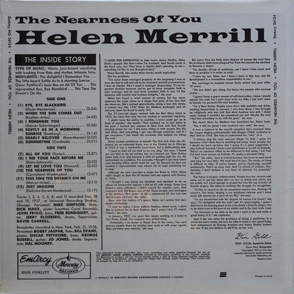 Helen Merrill - The Nearness Of You (Vinyl, LP, Album, Reissue, Mono) Very Good (VG) / Good Plus (G+)
