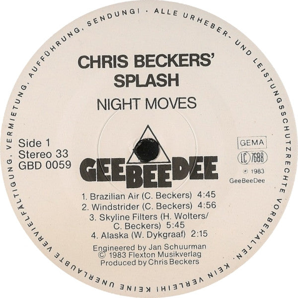 Chris Beckers Splash - Night Moves (Vinyl, LP, Album) Near Mint (NM or M-) / Very Good Plus (VG+)