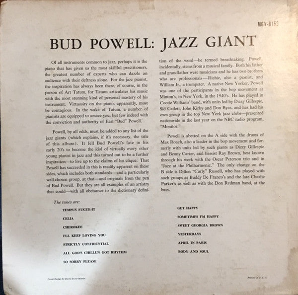 Bud Powell - Jazz Giant (Vinyl, LP, Album, Reissue, Mono) Very Good Plus (VG+) / Good Plus (G+)