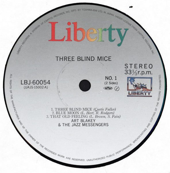 Art Blakey & The Jazz Messengers - 3 Blind Mice (Vinyl, LP, Album, Reissue, Stereo) Very Good Plus (VG+) / Very Good Plus (VG+)