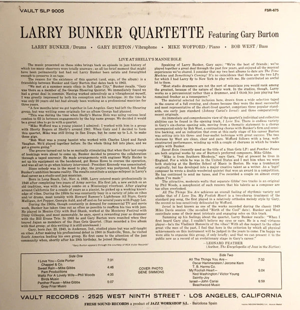 Larry Bunker Quartette - Live At Shelly's Manne-Hole (Vinyl, LP, Album, Reissue, Stereo) Very Good (VG) / Very Good (VG)