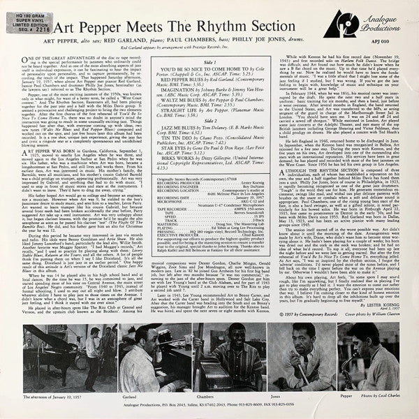 Art Pepper - Art Pepper Meets The Rhythm Section (Vinyl, LP, Album, Limited Edition, Reissue, Stereo) Near Mint (NM or M-) / Very Good Plus (VG+)