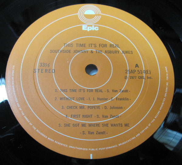 Southside Johnny & The Asbury Jukes - This Time It's For Real (Vinyl, LP, Album, Stereo) Very Good Plus (VG+) / Very Good (VG)