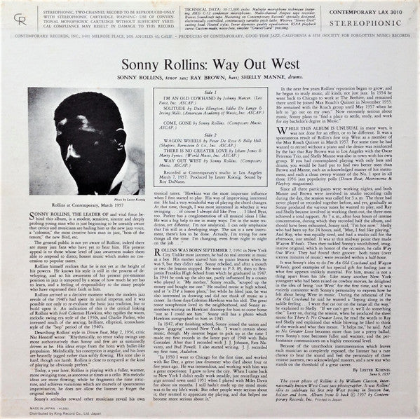 Sonny Rollins - Way Out West (Vinyl, LP, Album, Limited Edition, Reissue, Stereo) Very Good Plus (VG+) / Very Good (VG)