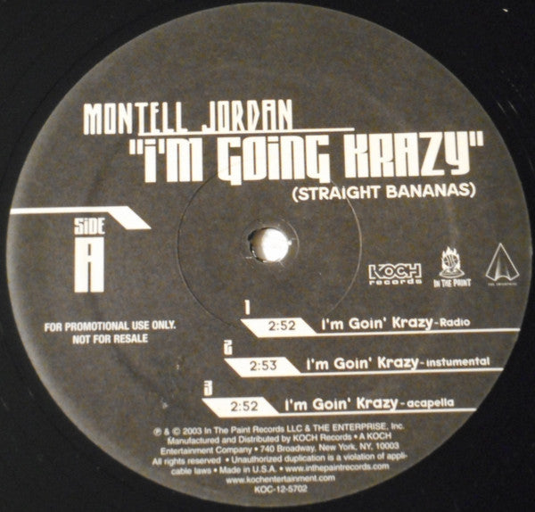 Montell Jordan - I'm Going Krazy (Straight Bananas) (Vinyl, 12", Promo) Very Good Plus (VG+) / Very Good Plus (VG+)