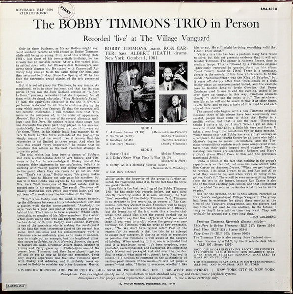 The Bobby Timmons Trio - In Person - Recorded 'Live' At The Village Vanguard (Vinyl, LP, Album, Reissue, Stereo) Good Plus (G+) / Very Good Plus (VG+)