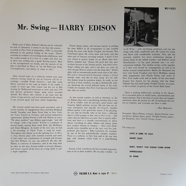 Harry Edison - Mr. Swing (Vinyl, LP, Album, Limited Edition, Reissue, Stereo) Near Mint (NM or M-) / Very Good Plus (VG+)