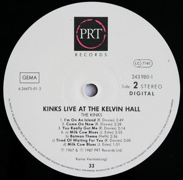 The Kinks - Live At The Kelvin Hall (Vinyl, LP, Album, Reissue) Very Good Plus (VG+) / Very Good Plus (VG+)