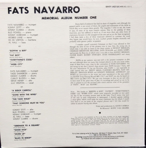 Fats Navarro - Fats Bud-Klook-Sonny-Kinney (Memorial Album Number One) (Vinyl, LP, Album, Reissue, Remastered, Mono) Very Good Plus (VG+) / Very Good Plus (VG+)