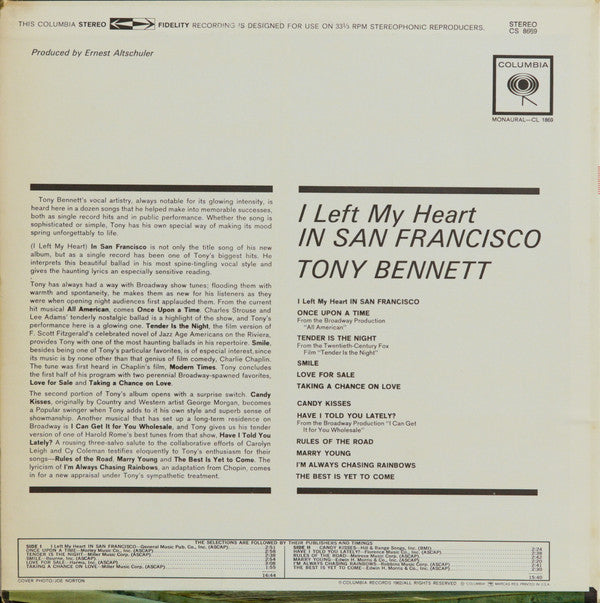 Tony Bennett - I Left My Heart In San Francisco (Vinyl, LP, Album, Reissue) Good Plus (G+) / Very Good (VG)