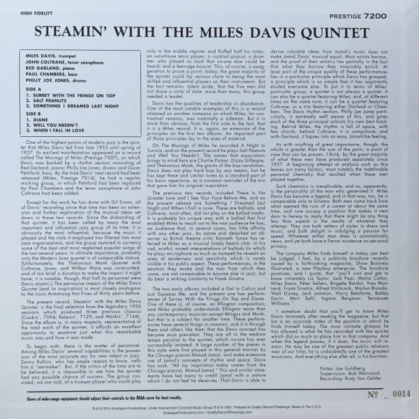 The Miles Davis Quintet - Steamin' With The Miles Davis Quintet (Vinyl, LP, Album, Mono, Reissue, Limited Edition) Near Mint (NM or M-) / Near Mint (NM or M-)