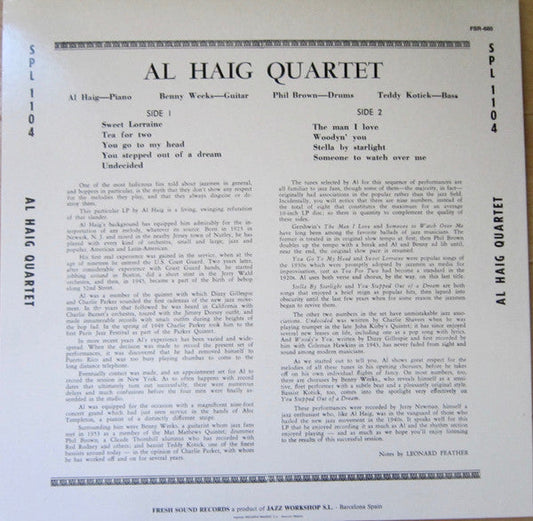 Al Haig Quartet - Al Haig Quartet (Vinyl, LP, Album, Reissue) Very Good (VG) / Very Good Plus (VG+)