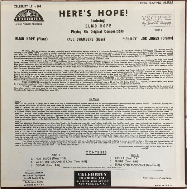 Elmo Hope Trio - Here's Hope! (Vinyl, LP, Album, Mono, Reissue) Very Good (VG) / Very Good Plus (VG+)
