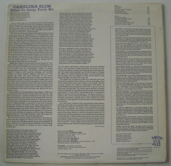 Carolina Slim - Blues Go Away From Me (Vinyl, LP, Album, Reissue) Very Good (VG) / Very Good Plus (VG+)