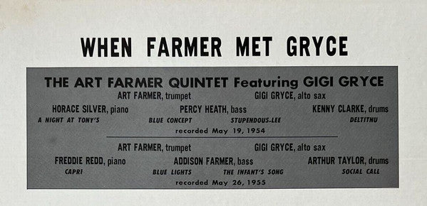 Art Farmer Quintet - When Farmer Met Gryce (Vinyl, LP, Album, Reissue, Mono) Very Good Plus (VG+) / Very Good (VG)