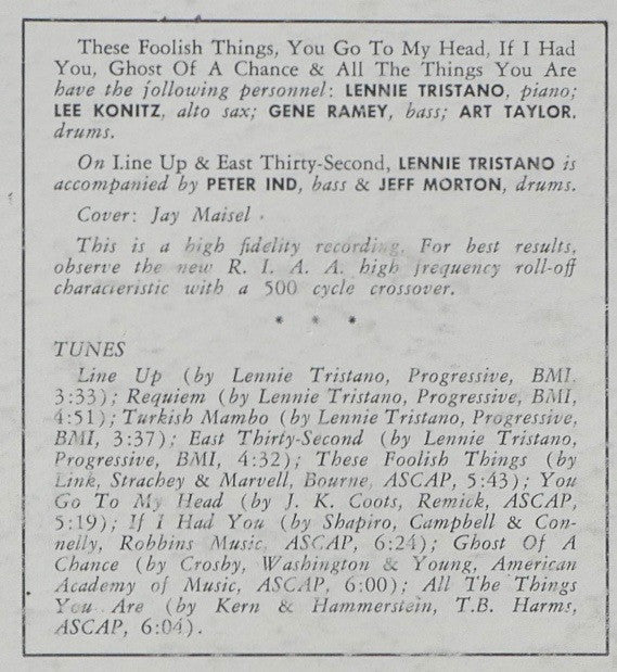 Lennie Tristano - Lennie Tristano (Vinyl, LP, Album, Mono, Repress)