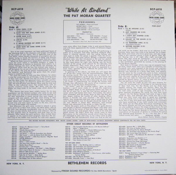The Pat Moran Quartet - While At Birdland (Vinyl, LP, Album, Reissue, Mono) Very Good (VG) / Very Good Plus (VG+)